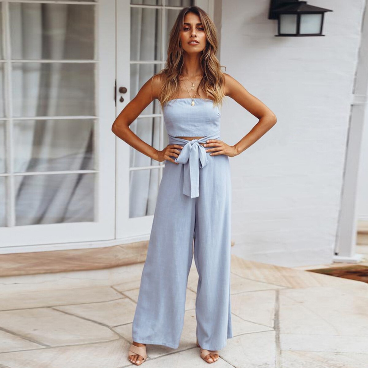 Bohemian Summer Strapless Jumpsuit with Wide Leg Trousers