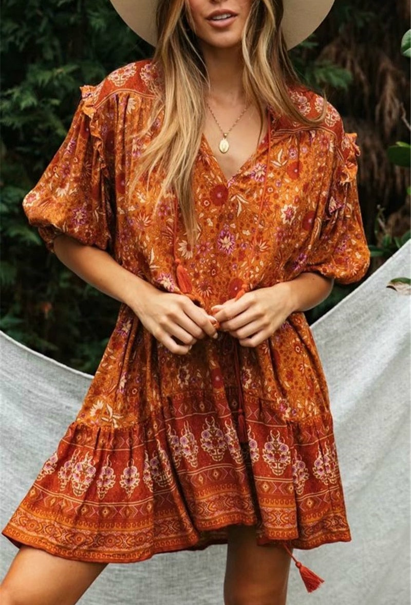 A. Boho Orange Floral Printed Mini Dress with Lantern Sleeve and Tassel