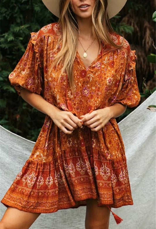 A. Boho Orange Floral Printed Mini Dress with Lantern Sleeve and Tassel
