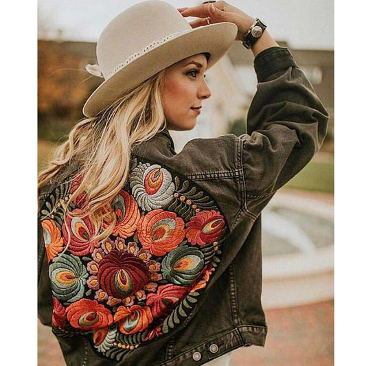 Winter Gypsy/ Boho Floral Embroidered Denim Jacket