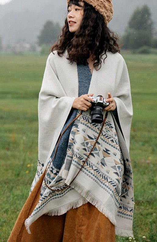 Winter Gypsy/Boho Floral Knitted Poncho Cape with Vintage Aztec Stripe