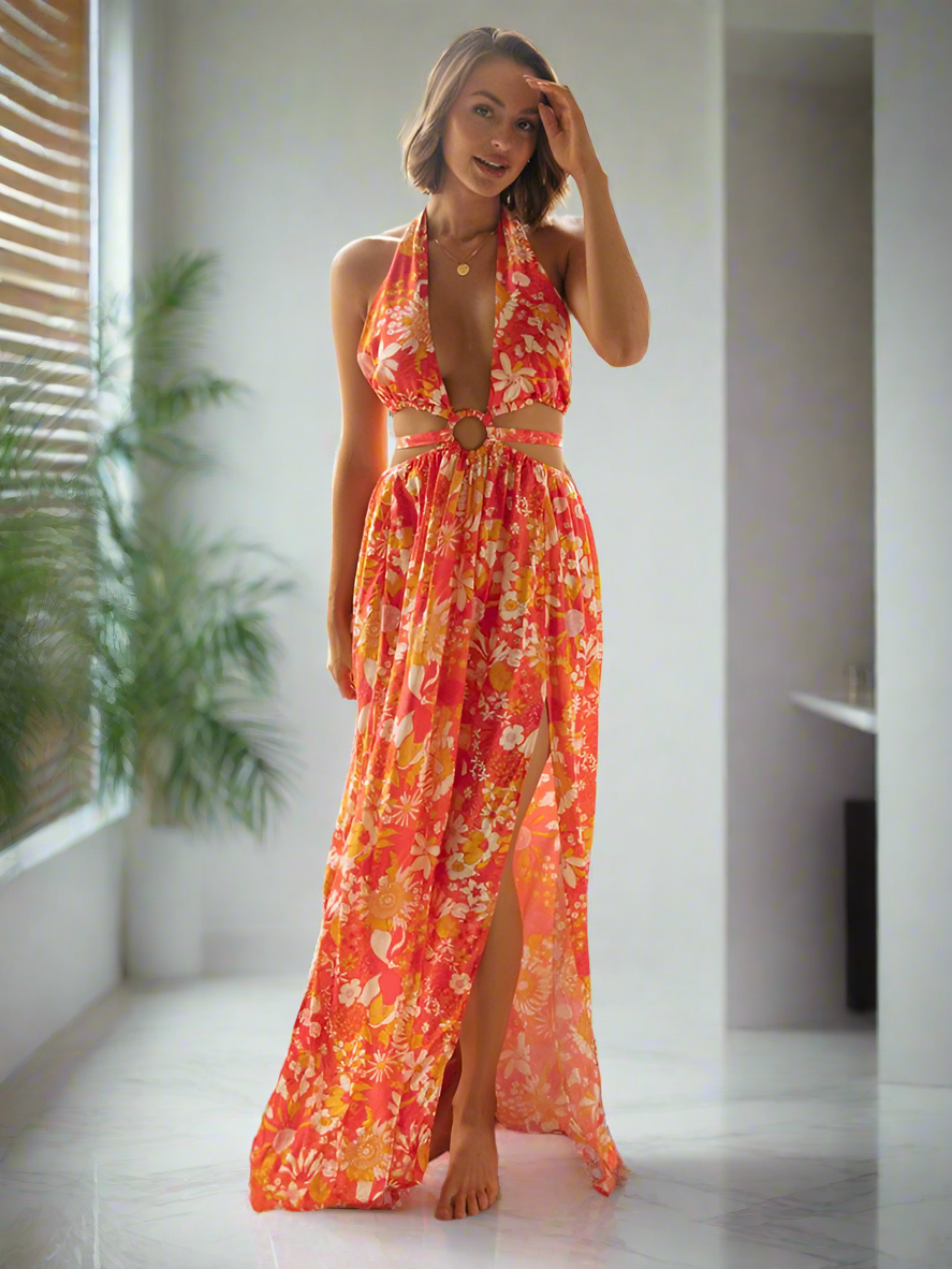 Bohemian Sleeveless Summer Long Backless Dress with Hollow Out Halter and Flow Design