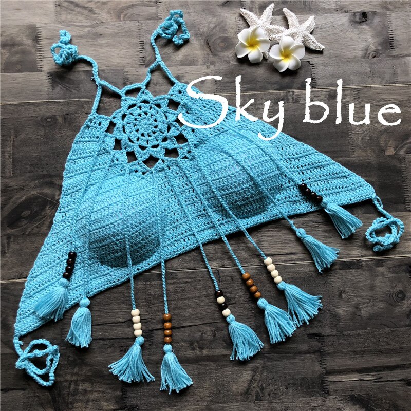 Knitted/ Crocheted Boho Style Halter Bikini Tops with Tassels