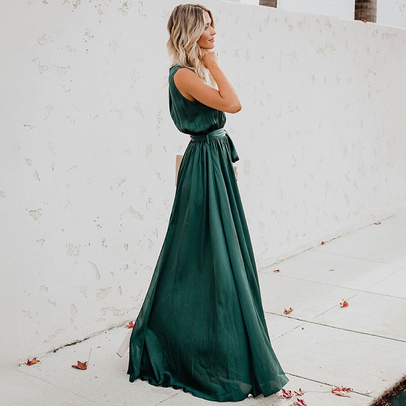 Boho V-Neck Sleeveless Lace Up Long Beach Style Maxi Dress with Split