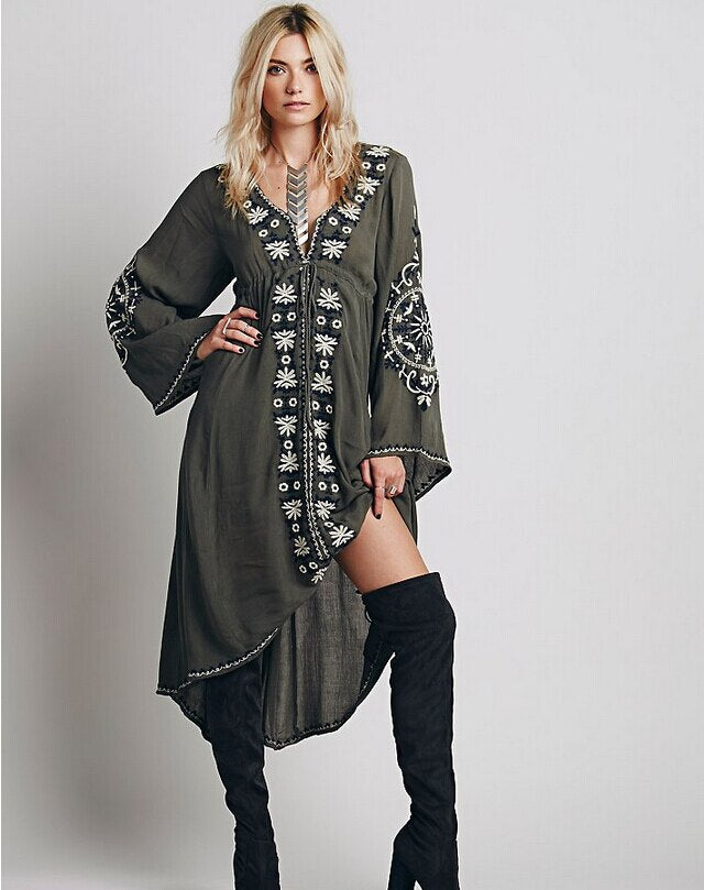 Boho/ Vintage Tunic Style Long Sleeve Dress with Floral Embroidered Cotton and Asymmetric Robe