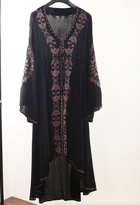 Boho/ Vintage Tunic Style Long Sleeve Dress with Floral Embroidered Cotton and Asymmetric Robe