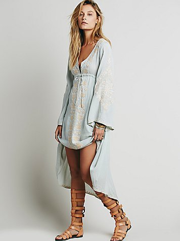 Boho/ Vintage Tunic Style Long Sleeve Dress with Floral Embroidered Cotton and Asymmetric Robe