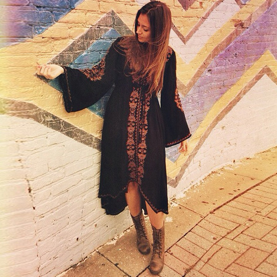 Boho/ Vintage Tunic Style Long Sleeve Dress with Floral Embroidered Cotton and Asymmetric Robe