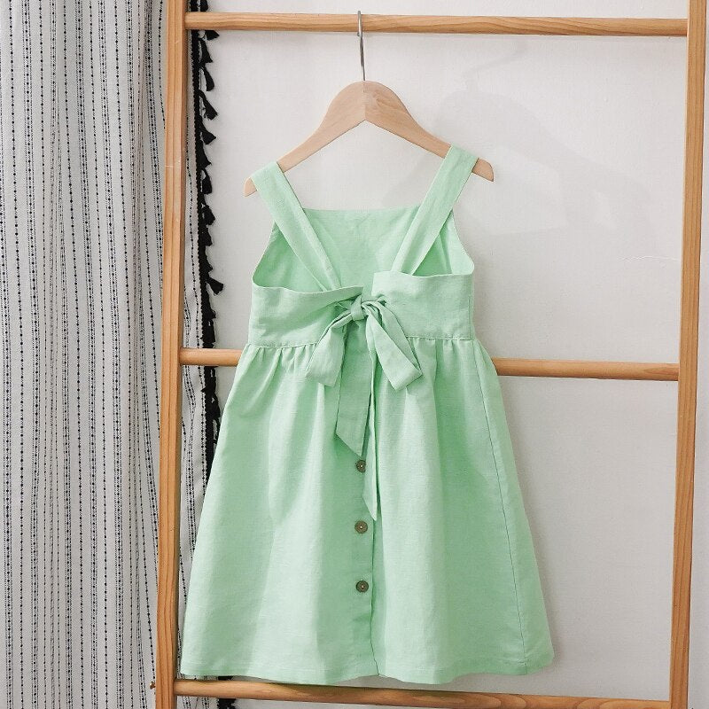 Cotton And Linen Sleeveless Suspender Kids Dresses With Adjustable Shoulder Straps and Casual Pocket (4-6 Years)