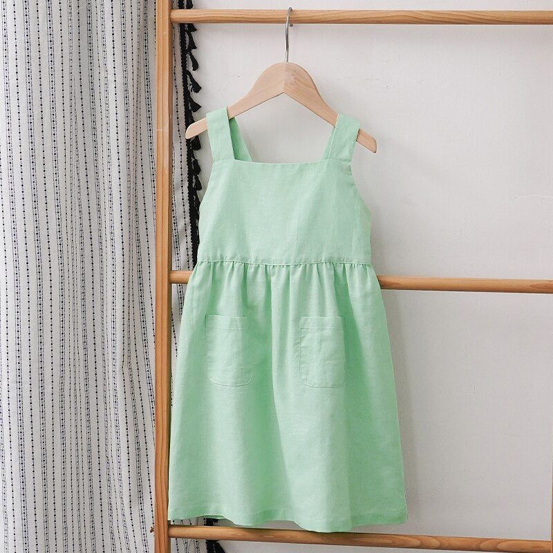 Cotton And Linen Sleeveless Suspender Kids Dresses With Adjustable Shoulder Straps and Casual Pocket (4-6 Years)