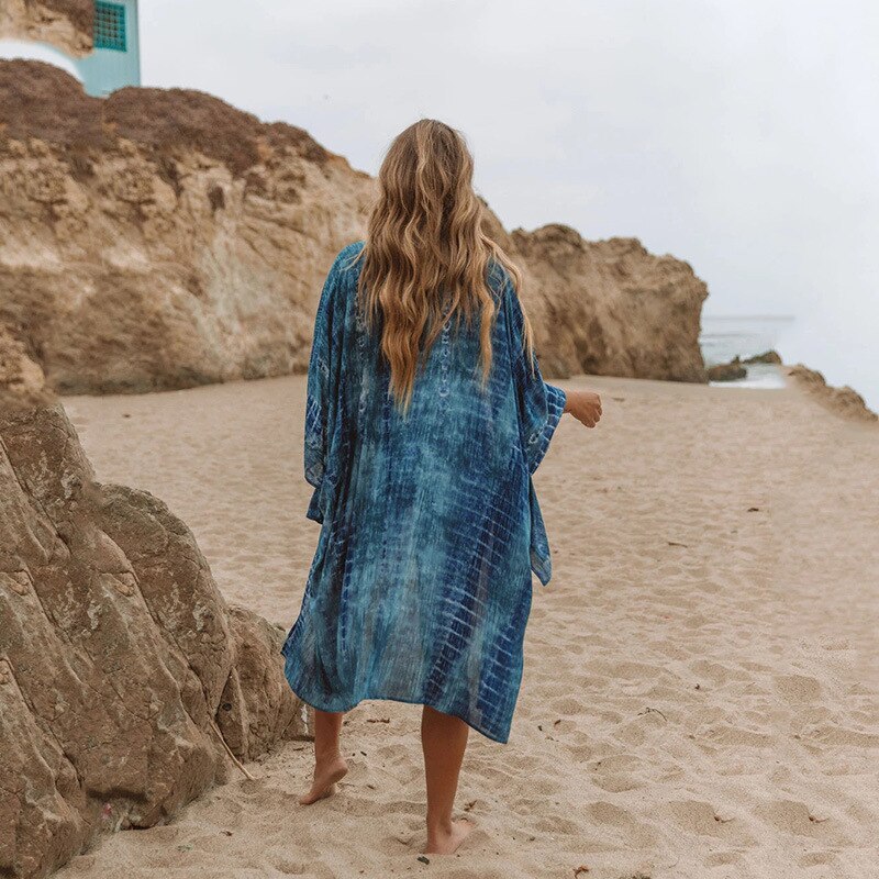 Gypsy, Blue Beach Style Floral Printed Long Bikini Covering