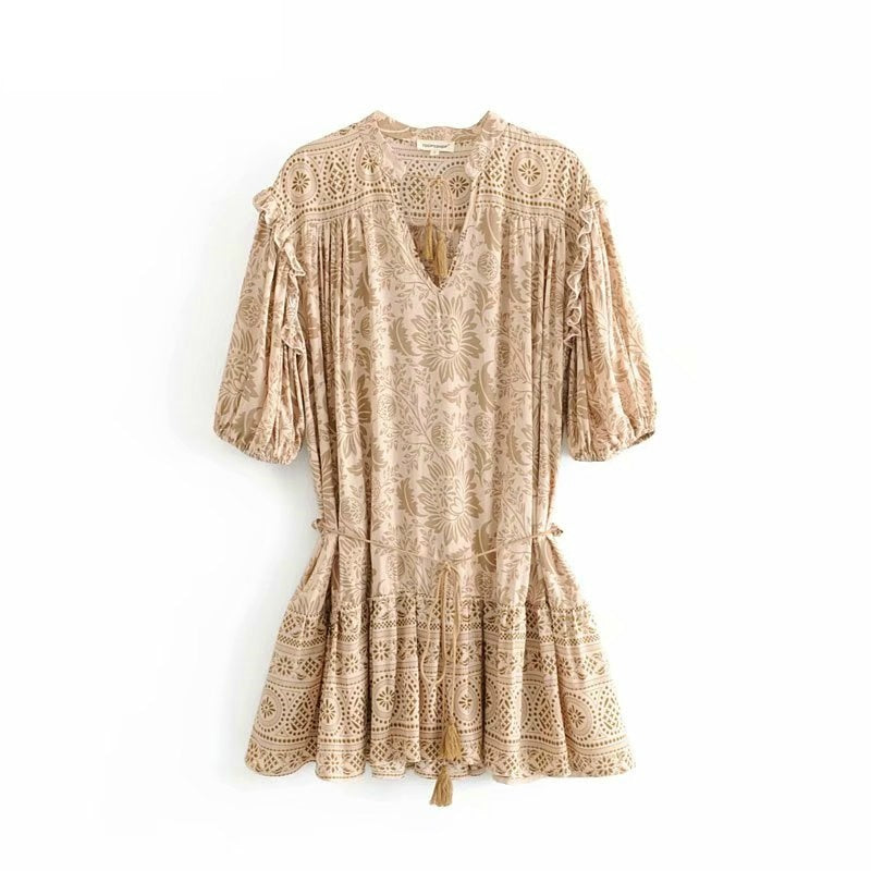 Boho Floral Printed Mini Dress with Half Sleeves, Tassels and Ruffles