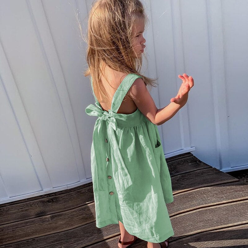 Cotton And Linen Sleeveless Suspender Kids Dresses With Adjustable Shoulder Straps and Casual Pocket (4-6 Years)