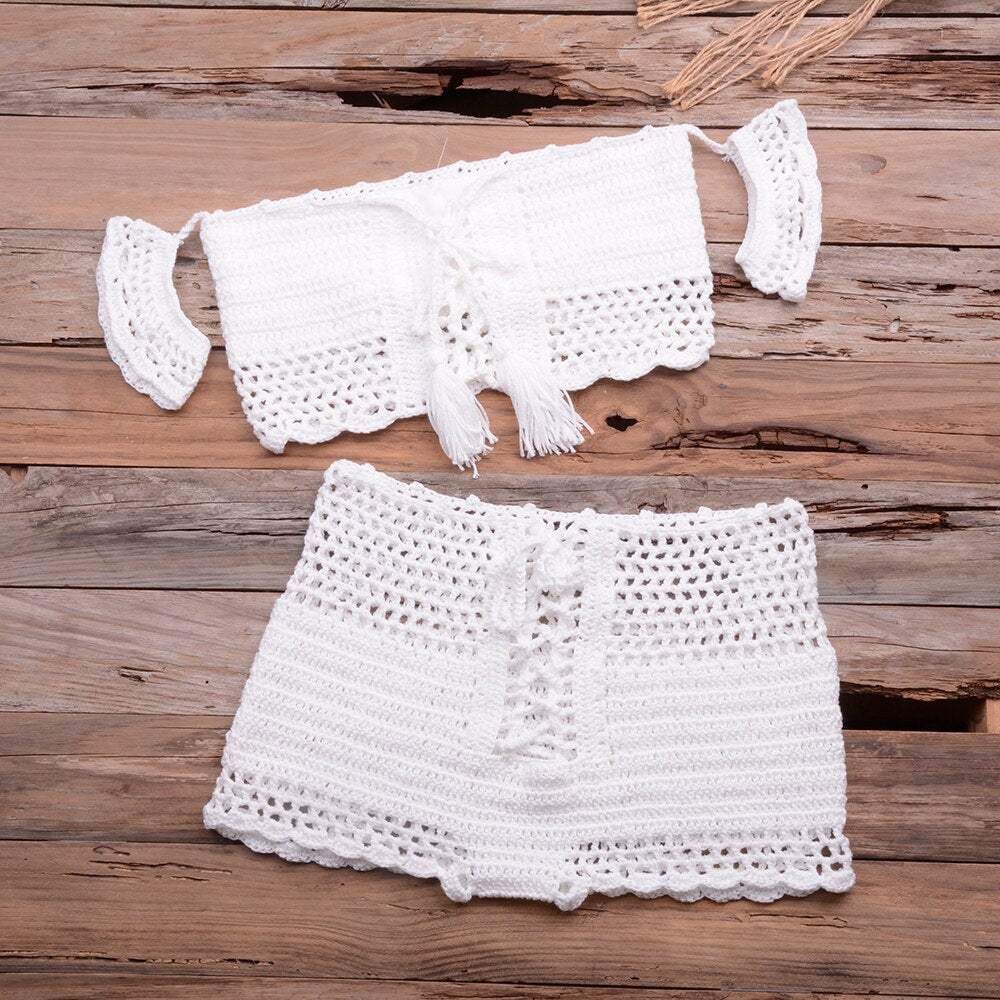 Bohemian Fashion Crocheted Beach Bikini Set, Off the Shoulder with Tassels