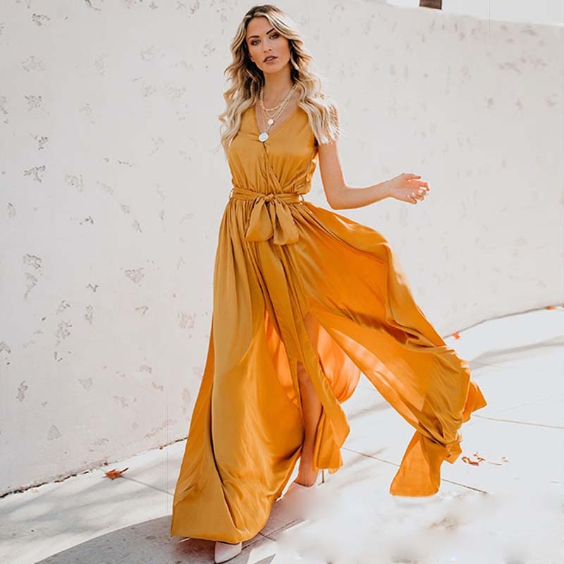 Boho V-Neck Sleeveless Lace Up Long Beach Style Maxi Dress with Split