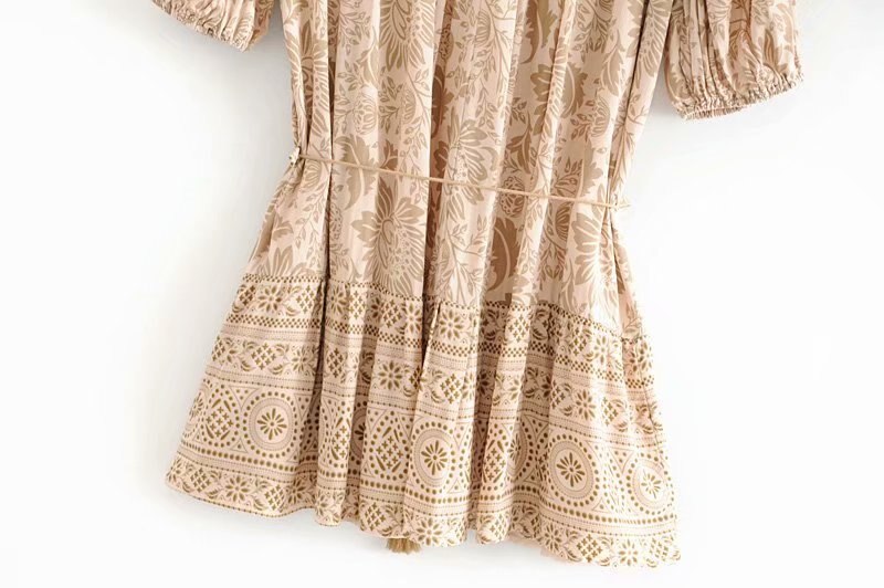 Boho Floral Printed Mini Dress with Half Sleeves, Tassels and Ruffles