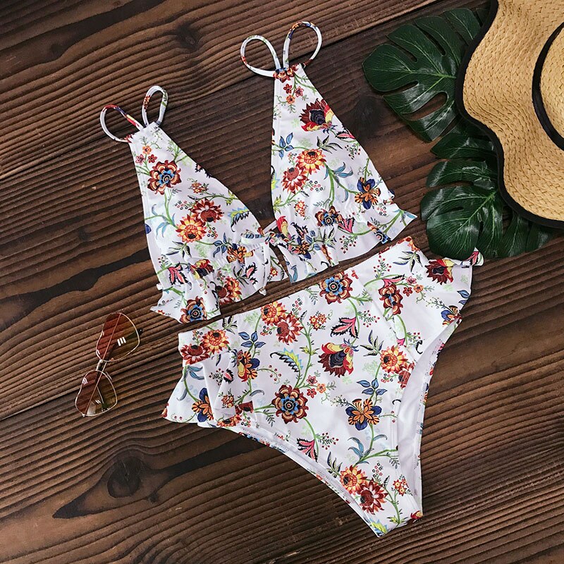 Boho Style High- Waisted Print Bikini Set with Ruffle