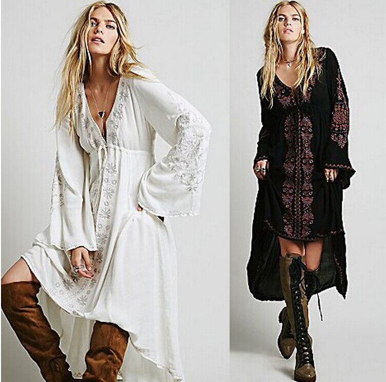 Boho/ Vintage Tunic Style Long Sleeve Dress with Floral Embroidered Cotton and Asymmetric Robe
