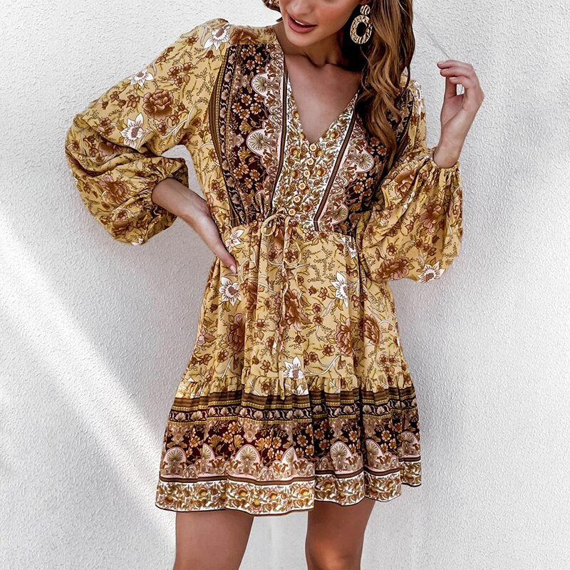 Boho Floral Printed Mini Dress With V-Neck Lantern Style Long Sleeves