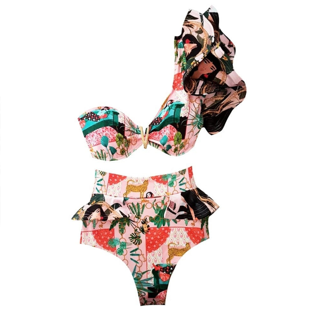 Boho Two-Pieces Women Ruffled Floral Bikini Set, High-Waisted with a Push-Up Padded Bra