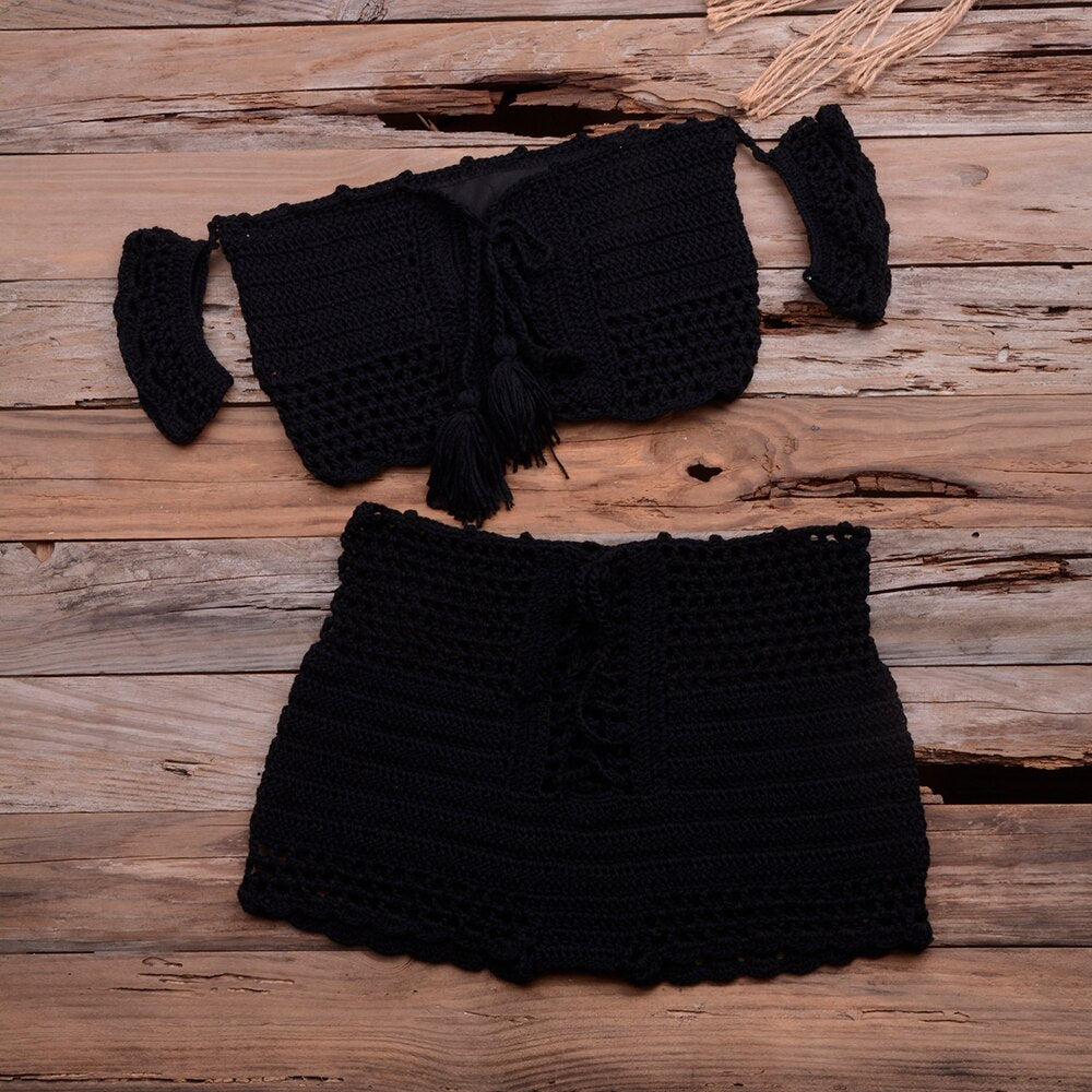 Bohemian Fashion Crocheted Beach Bikini Set, Off the Shoulder with Tassels