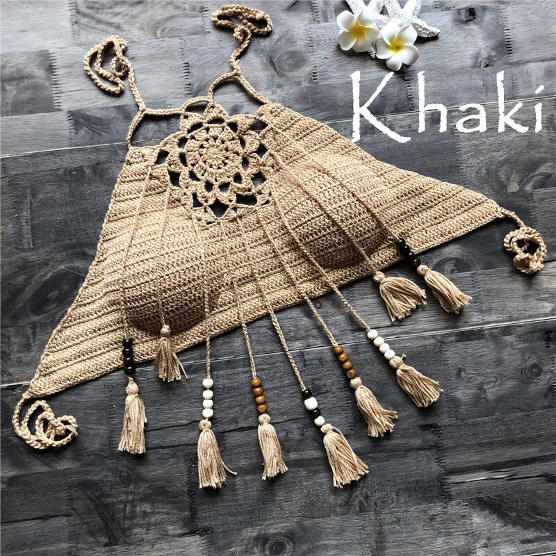 Knitted/ Crocheted Boho Style Halter Bikini Tops with Tassels
