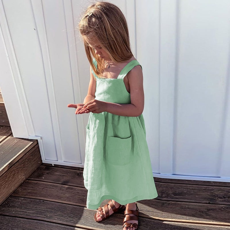 Cotton And Linen Sleeveless Suspender Kids Dresses With Adjustable Shoulder Straps and Casual Pocket (4-6 Years)