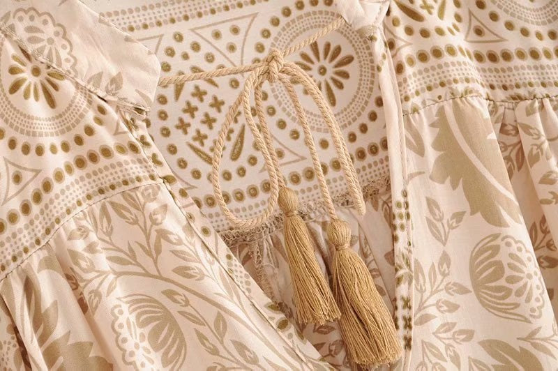 Boho Floral Printed Mini Dress with Half Sleeves, Tassels and Ruffles