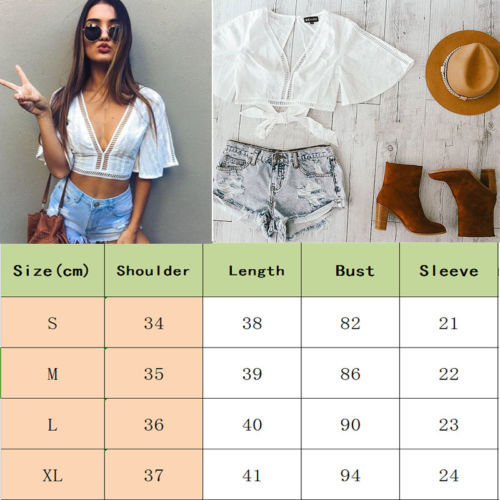 Boho Summer Short Sleeve Blouse with Cover Up Sleeves, Low Cut V-Neck and Midriff Waistline
