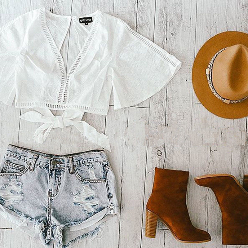 Boho Summer Short Sleeve Blouse with Cover Up Sleeves, Low Cut V-Neck and Midriff Waistline