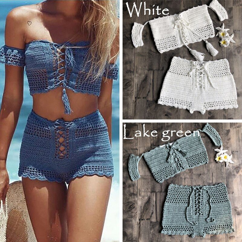 Bohemian Fashion Crocheted Beach Bikini Set, Off the Shoulder with Tassels