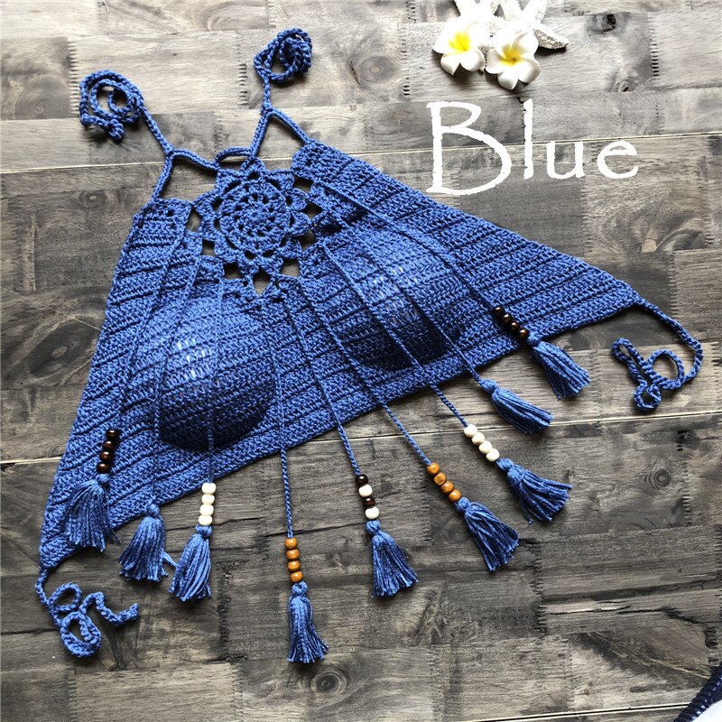 Knitted/ Crocheted Boho Style Halter Bikini Tops with Tassels
