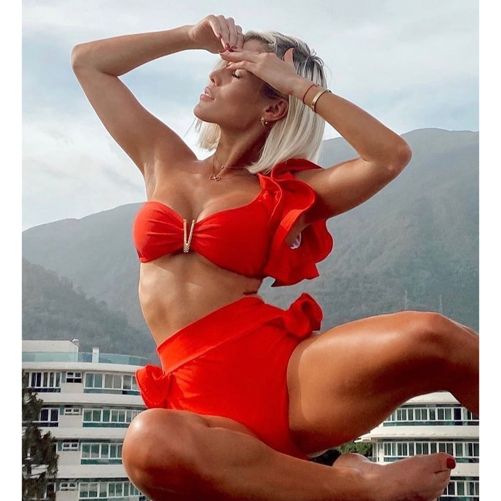 Boho Two-Pieces Women Ruffled Floral Bikini Set, High-Waisted with a Push-Up Padded Bra