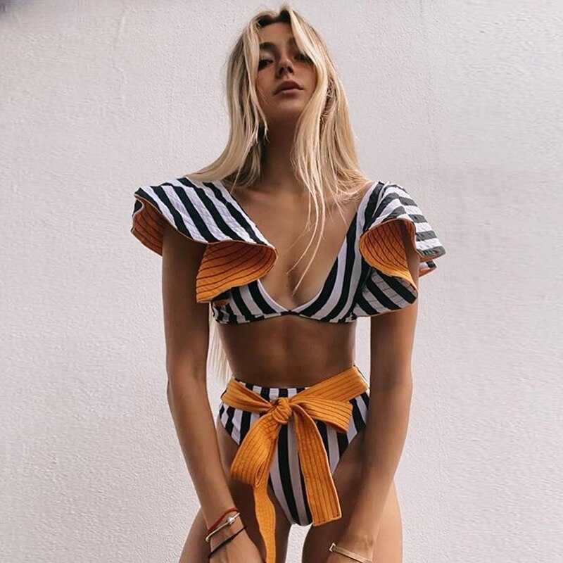 Boho Two-Pieces Women Ruffled Floral Bikini Set, High-Waisted with a Push-Up Padded Bra