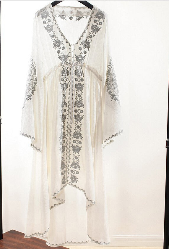 Boho/ Vintage Tunic Style Long Sleeve Dress with Floral Embroidered Cotton and Asymmetric Robe