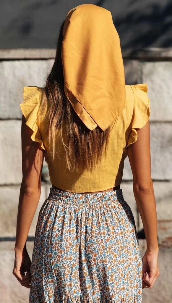 Boho Style Sexy Summer Crop Top With Ruffle Sleeves and V-Neck Casual Tie Up Front