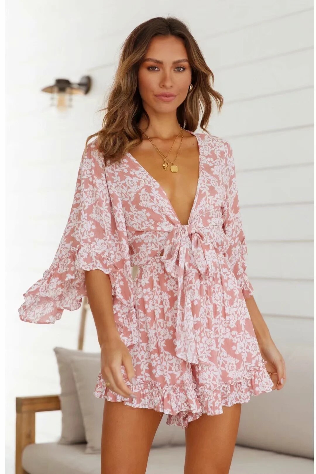 Gypsy/ Boho Floral Printed Mini Dress with Deep V-Neck, Bow and Ruffles
