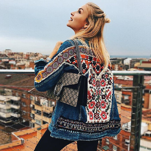 Winter Gypsy/ Boho Cotton Denim Jacket with Retro Floral Embroidery
