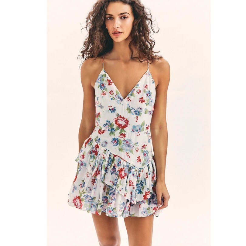 Boho Floral Print Mini Dress with Spaghetti Straps, V-neck and Tiered Ruffles