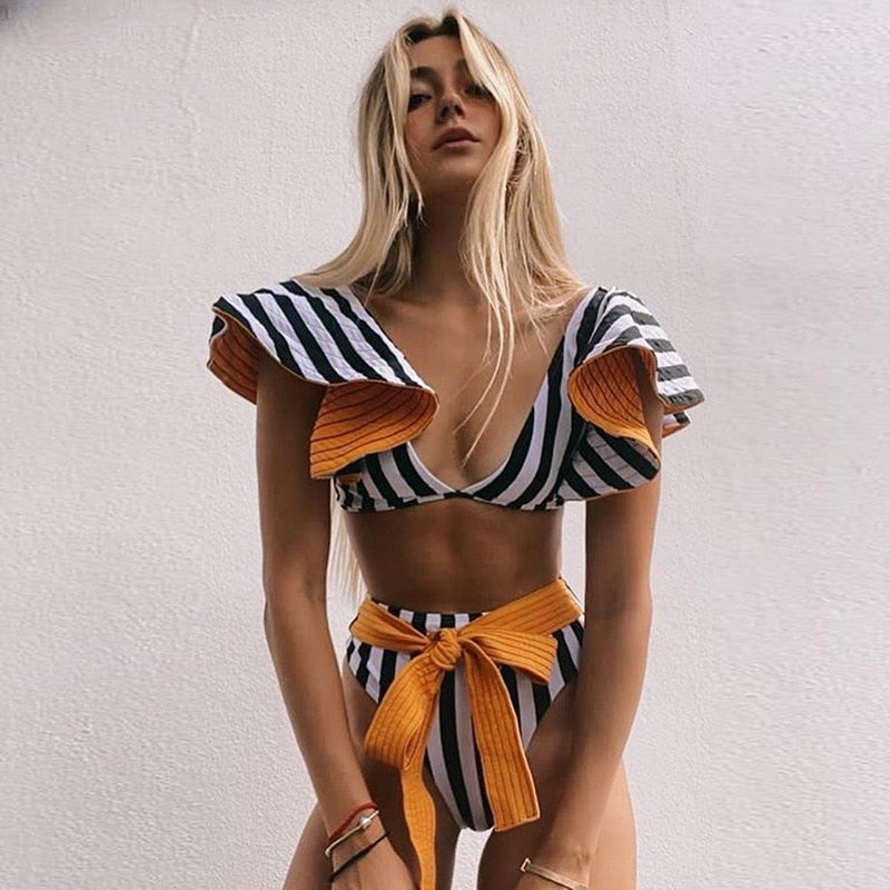 Boho Two-Pieces Women Ruffled Floral Bikini Set, High-Waisted with a Push-Up Padded Bra