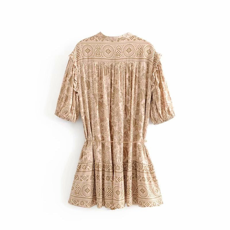 Boho Floral Printed Mini Dress with Half Sleeves, Tassels and Ruffles