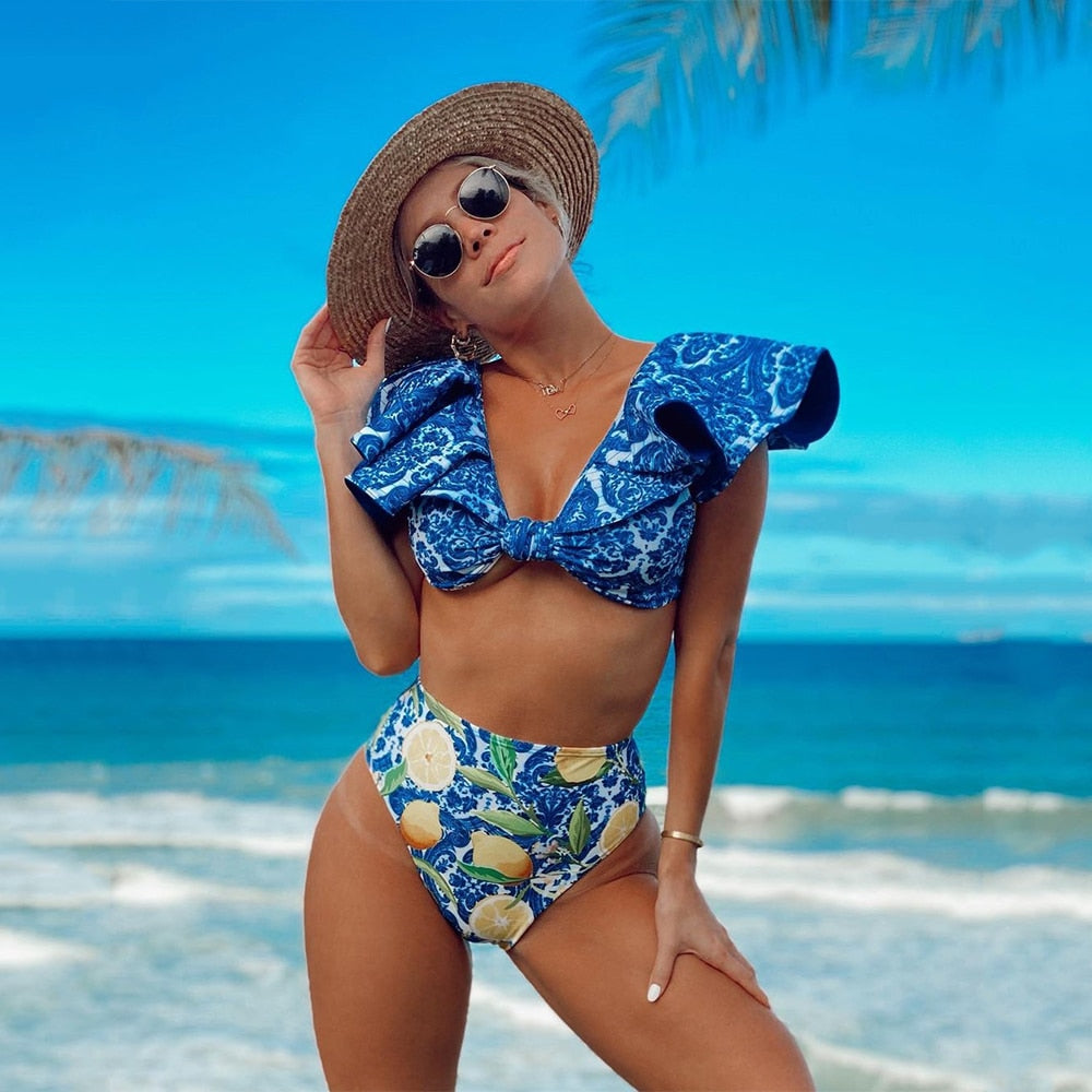Boho Two-Pieces Women Ruffled Floral Bikini Set, High-Waisted with a Push-Up Padded Bra