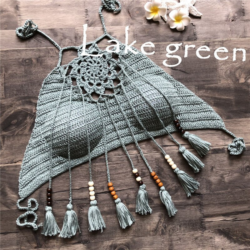 Knitted/ Crocheted Boho Style Halter Bikini Tops with Tassels