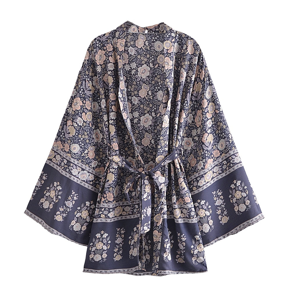 Bohemian Kimono Dresses with Floral Print Sashes Batwing Sleeves and V-Neck (Summer Bikini Boho Cover-ups)