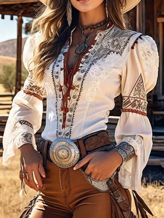 B. Western Print Lace Up V Neck Flare Sleeve Vintage Blouse Lace Patchwork Long Sleeve Design