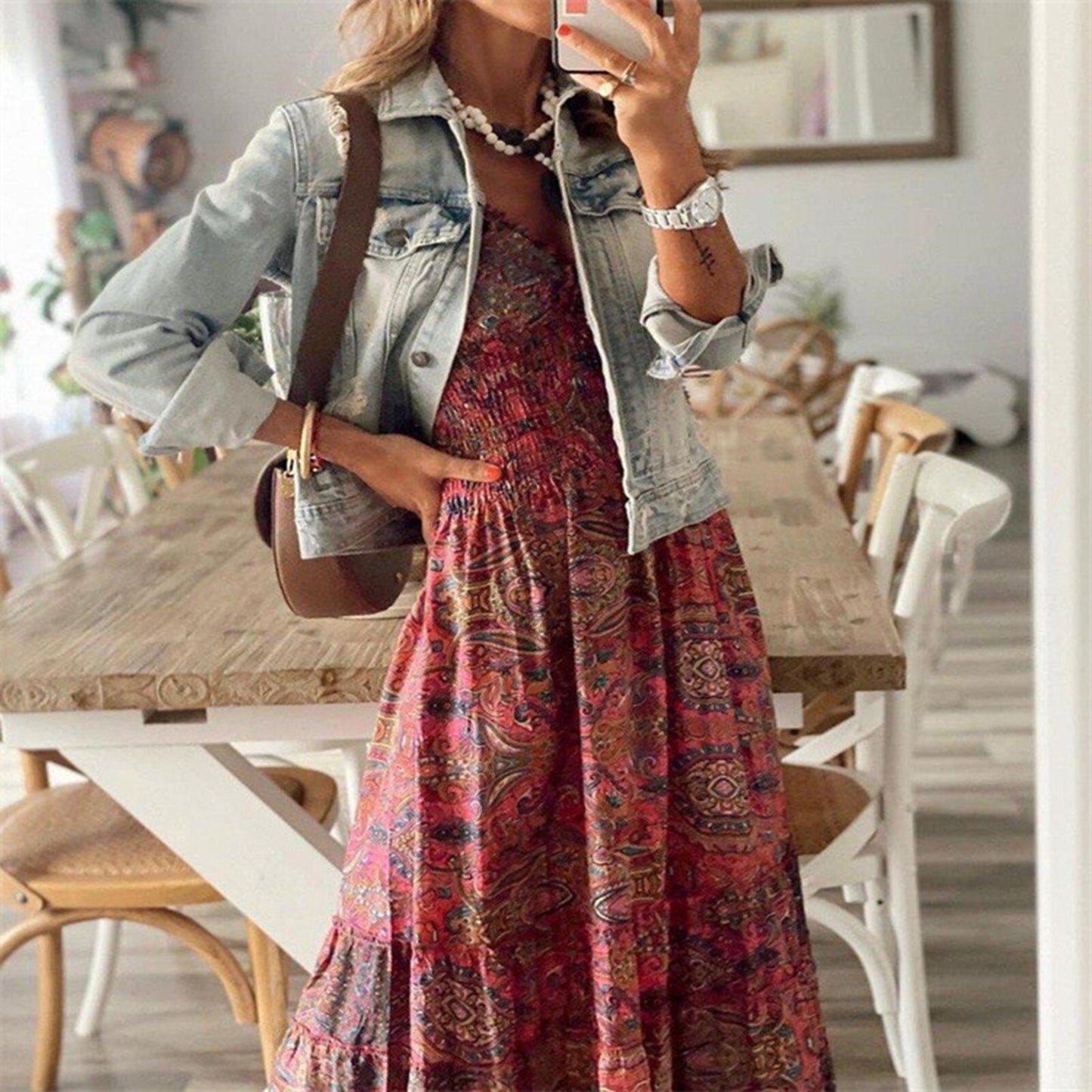 Gypsy / Bohemian V Neck Long Dress with Short Sleeve
