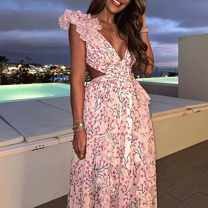 Elegant Floral Shoulder With Deep V-neck, Temperament Waist Ruffle and Tie-up Backless Party Dress