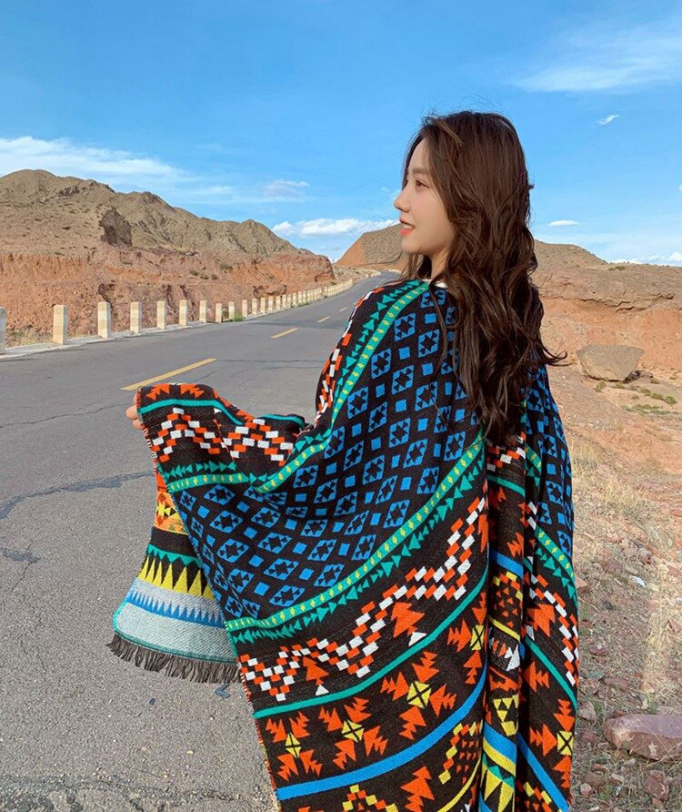 Winter Gypsy/Bohemian Floral Knitted Poncho with Tassels