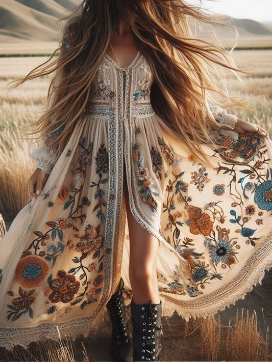 Bohemian Lace Patchwork, Floral Pattern Print V-Neck With Long Sleeves