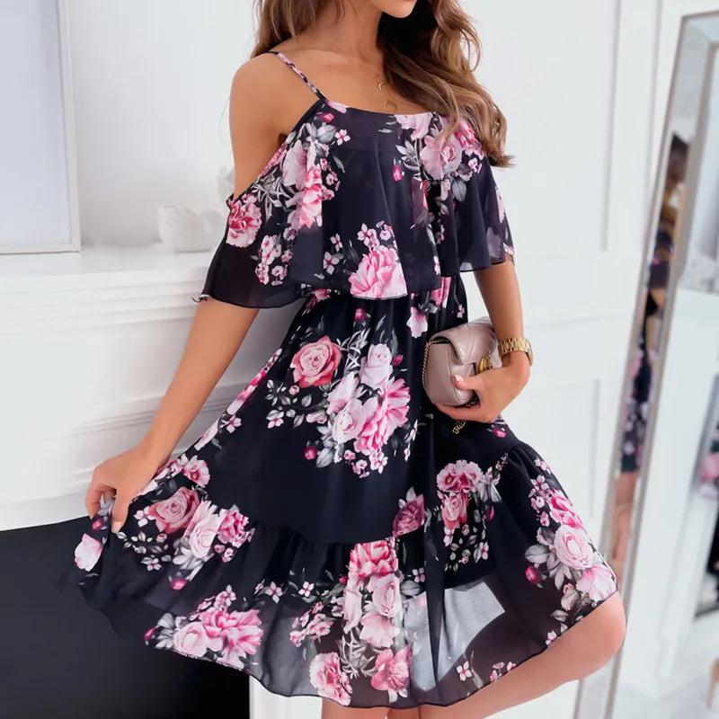Boho Floral Print Off Shoulder Chiffon Sundress